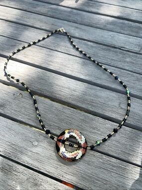 Phoenix cloisonné Black Beaded Necklace Multicolor Enamel